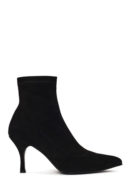 Women's Black Zippered Thin Heeled Suede Leather Boots Af220001Ds