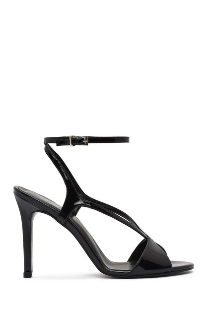 Women's Black Ankle Strap High Thin Heels Shoes Genuine Leather Sandals 25Sfd161516