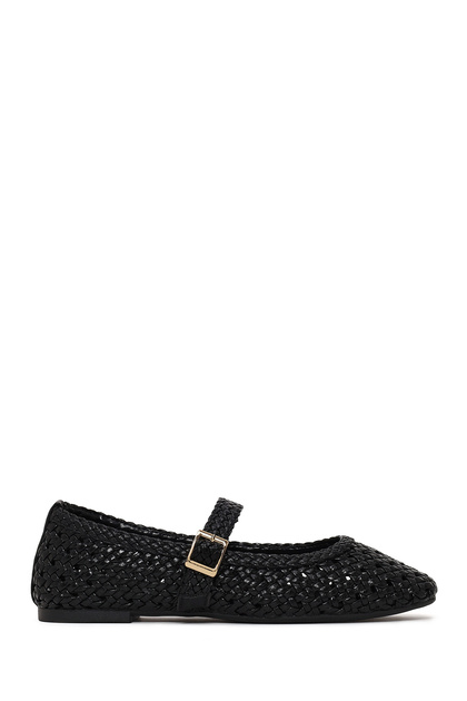 Women's Black Buckle Braided Ballerinas 26Pfe450729
