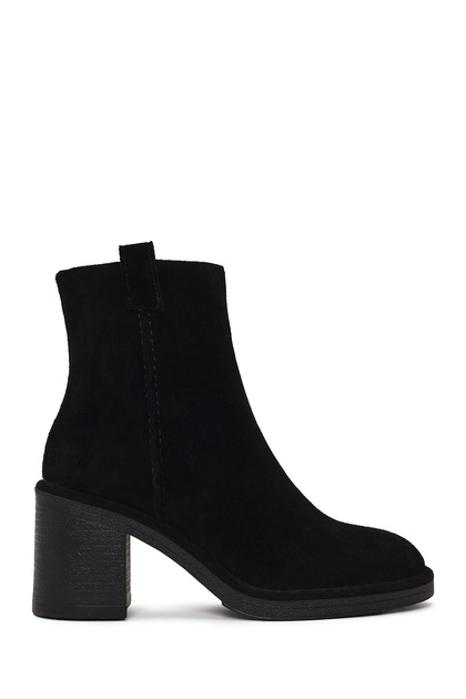 Women's Black Zippered Thick Heeled Suede Leather Boots Wf180028Ds