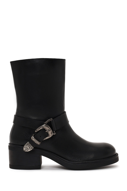 Women's Black Zippered Thick Heeled Leather Boots Wf190060Dv