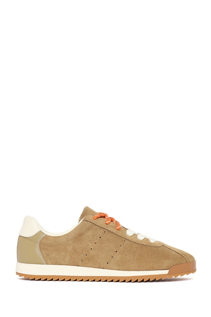 Women's Beige Lace-Up Suede Leather Sneaker 26Pfd431110