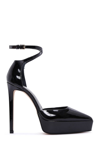 Women's Black Ankle Buckle Platform High Heel Patent Leather Shoes Af110004Dr