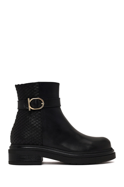 Women's Black Zippered Printed Leather Boots Wf190050Dk