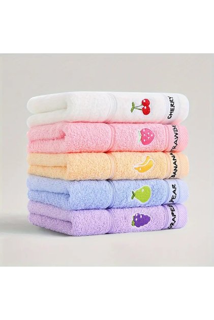 5pcs Set of 5 Soft Cotton Embroidered Fruit Themed Hand Towels - Ultra soft, absorbent and quick dry