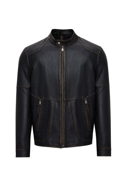 James Men's Black Judge Collar Leather Coat 25Wge6588Vd