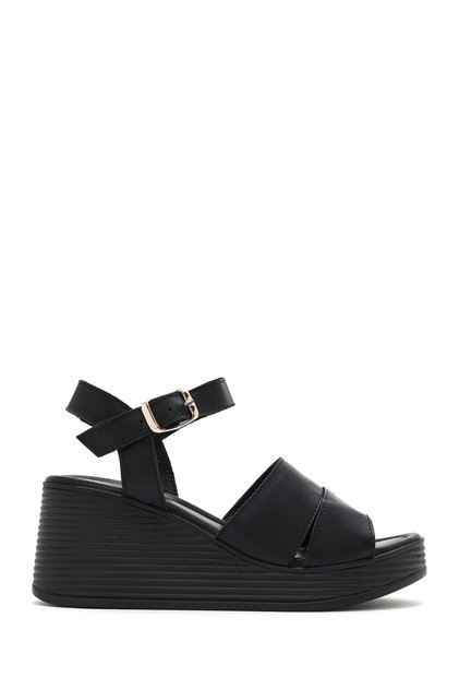 Women's Black Ankle Strap Wedge Heeled Leather Sandals 26Sfd180918