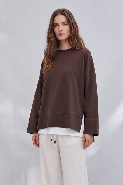 Yırtmaçlı Yuvarlak Yaka Sweatshirt Kahverengi