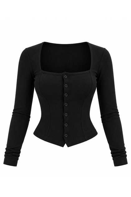 Siyah Kare Yaka Önü Düğmeli Uzun Kollu Fitilli Kaşkorse Body Bluz