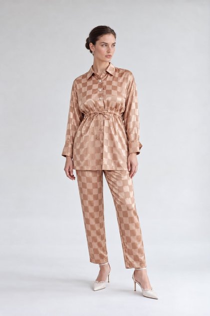 Camel-Colored Jacquard Pattern Jacket and Pants Set