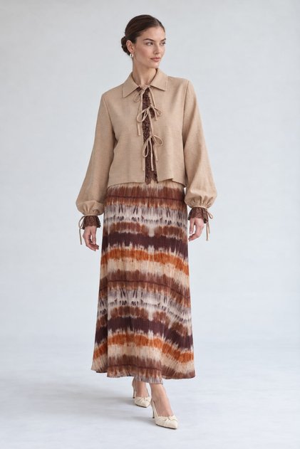 Marbled-Pattern Skirt Set, Beige