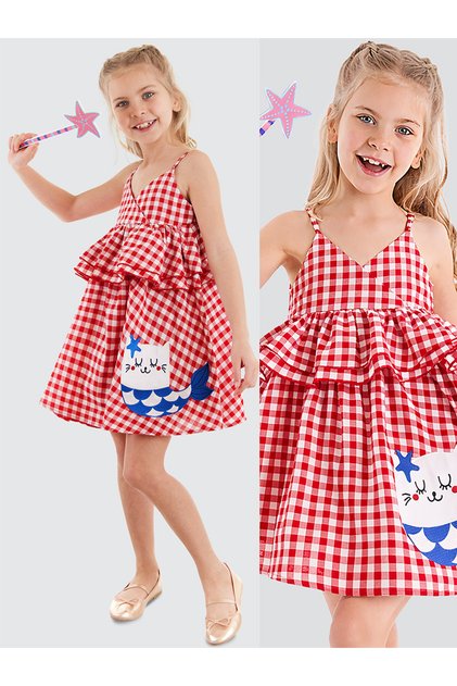 Cat Girl's Red Plaid Ruffle Strap Dress