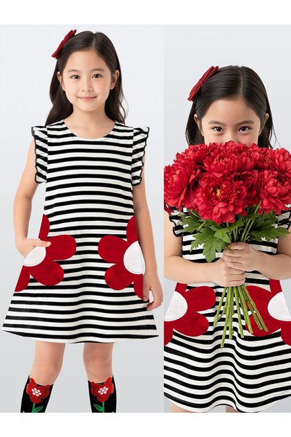 Girls' Floral Dress Black and White Striped Spring Summer Season 3-6 Years Old