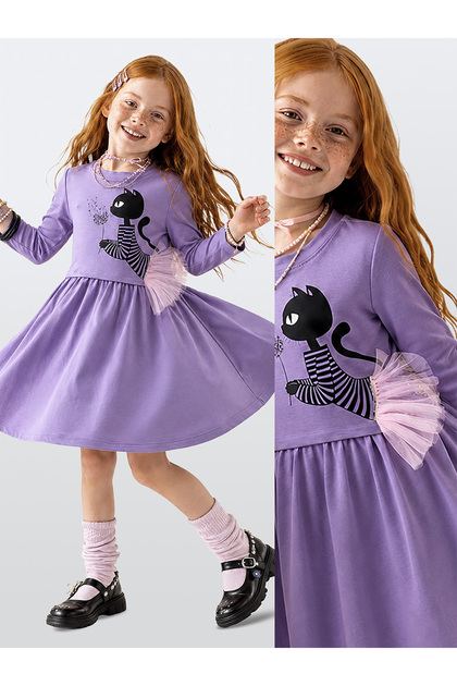 Girl's Dress with Cat Print and Tulle Detail – Long Sleeve Ruffle Dress (Ages 4-9)