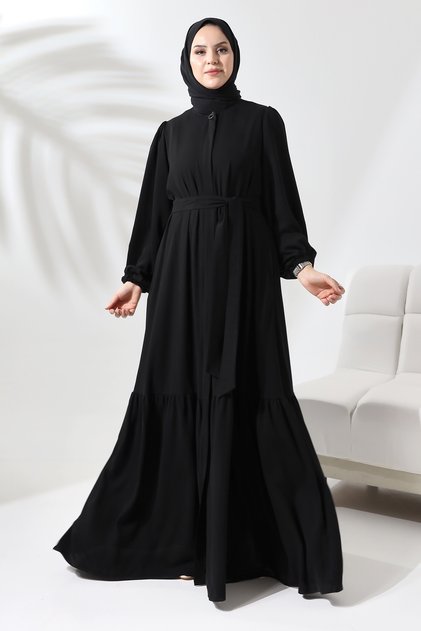 Rochie Hijab Ferace Neagră Sevde cu mâneci bufante și manșete elastice, fustă cu volane din crep