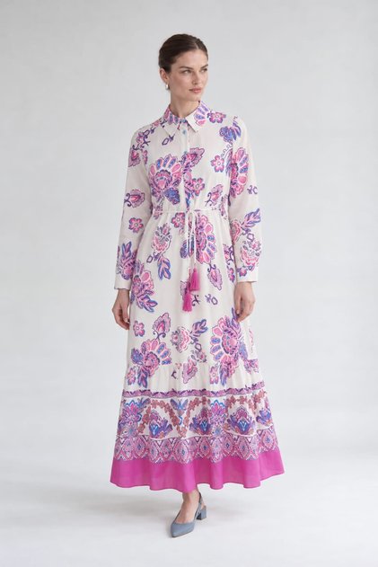 Fuchsia Shirt Collar Waist Rope Detailed Dress