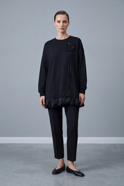3D Floral Brooch Ruffle Hem Detailed Tunic Black