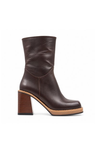 Dark Brown Genuine Leather Thick Heeled Women's Boots – 8 cm Heel, 15 mm Platform
