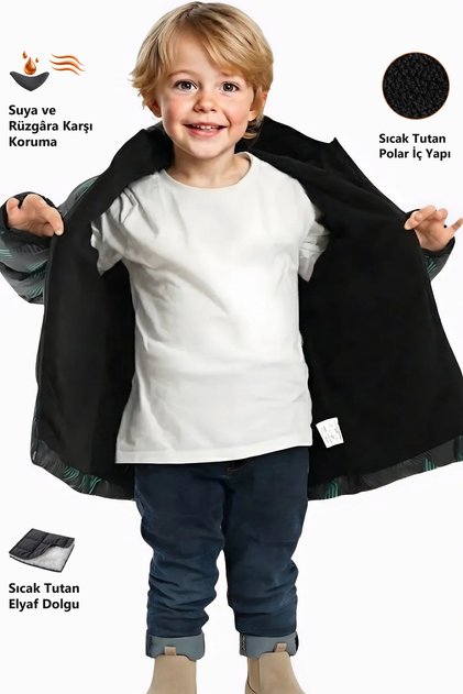 Boy's Black Green Digital Pattern Fleece Water and Windproof Hooded Puffer Winter Coat