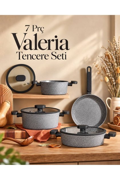 Valeria 7 Parça Granit Tencere Seti | Yapışmaz Çizilmez Silikon Cam Kapaklı Çeyizlik Mutfak Seti |20 24 Derin 26 Basık 26 Tava