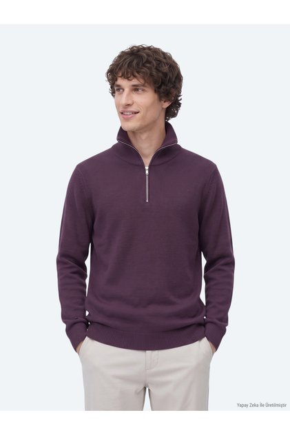 Plum Polo Neck Jacquard Knit Sweater