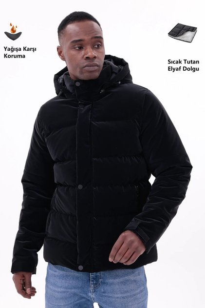Men's Black Winter Nova Fabric Waterproof Detachable K Hooded Coat with Inner Pocket