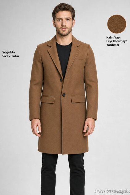 Men's Tan Slim Fit Cashmere Coat Classic Collar 3 Button Long Cut Winter Coat