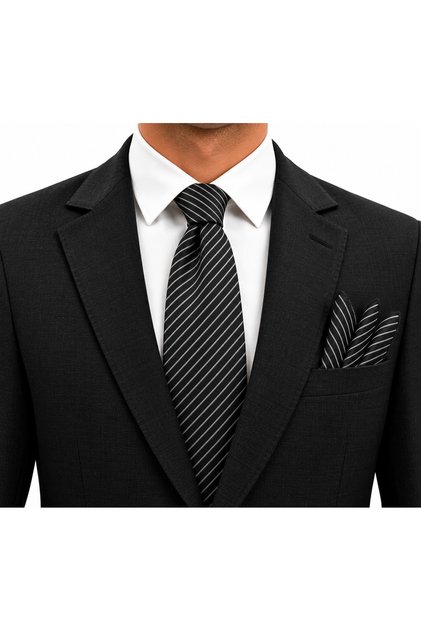 7.5 cm Black Gray Striped Tie Handkerchief Set