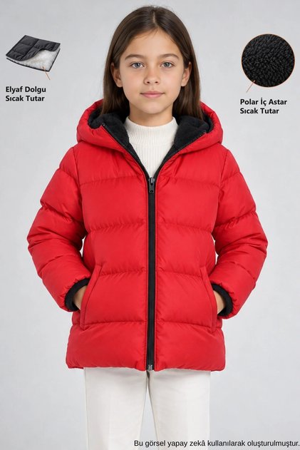 Girl's Red Fleece Hooded Waterproof Windproof Inflatable Winter Coat & Coat