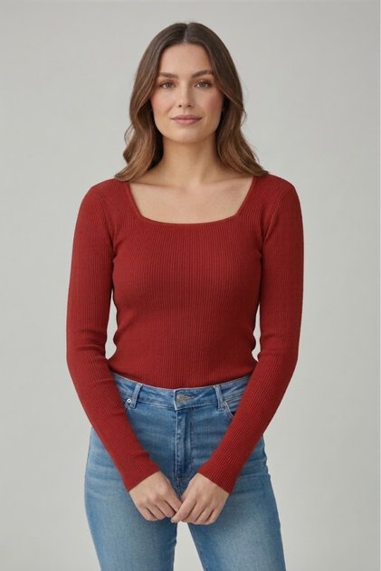 Women's Red Long Sleeve Square Neck T-Shirt Blouse Camisole Ribbed