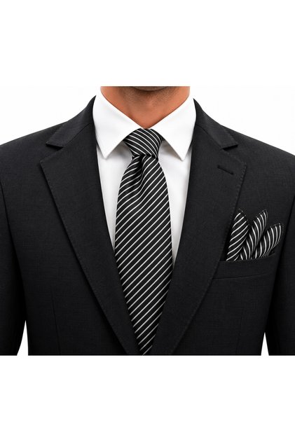 7.5 cm Black and White Striped Tie and Handkerchief Set