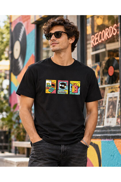 Black Unisex 90s Retro Printed Vintage Short Sleeve T-shirt