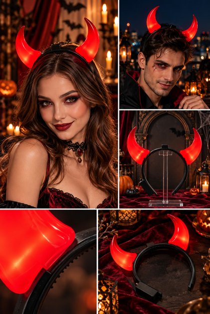 Halloween Işıklı Büyük Kırmızı Şeytan Boynuzlu Siyah Saç Bandı Cadılar Bayramı Kostüm Aksesuarı