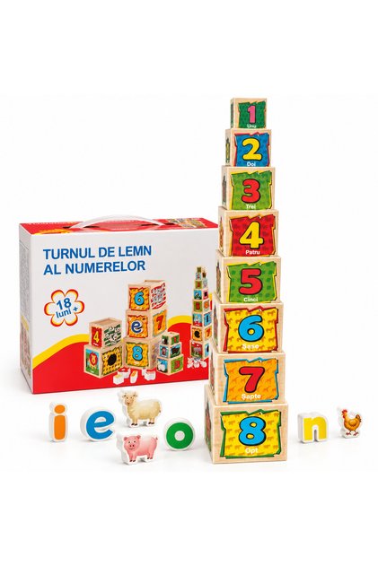 Turnul Numerelor din Lemn – 8 Cuburi Stivuibile cu Cifre 1–8, Animale și Sortator de Forme – Jucărie Montessori