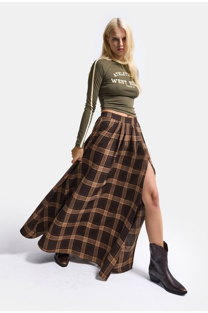 Women's Coffee Plaid S6-14 Maxi Length Cotton Skirt with Slit Detail
