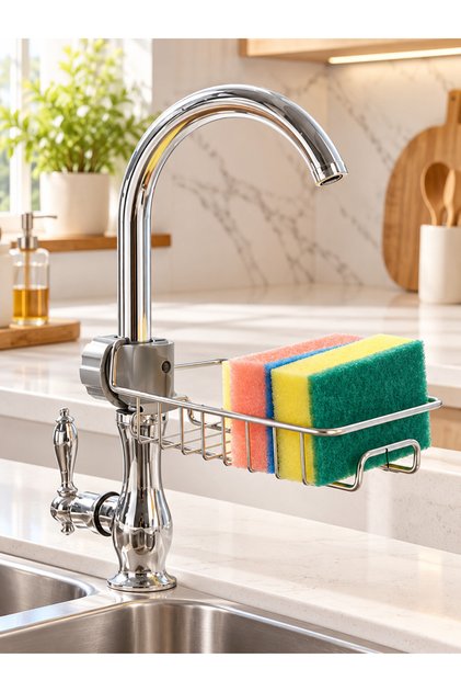 Metal Kitchen Sink Adjustable Faucet Side Organizer Dish Sponge Organizer