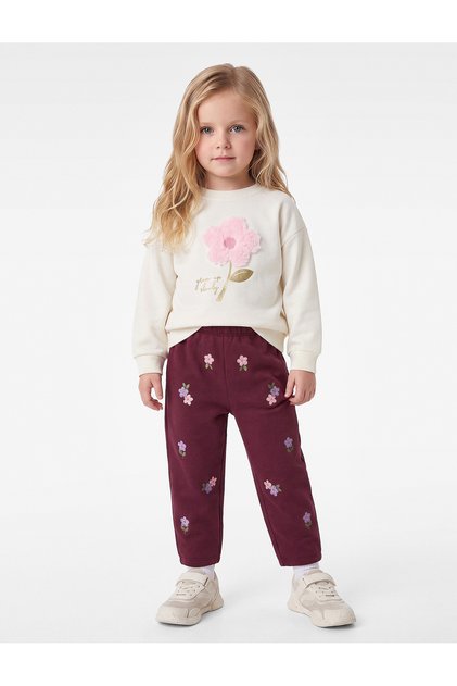 Floral Embroidered Shirred Elastic Waist Barrel Sweatpants