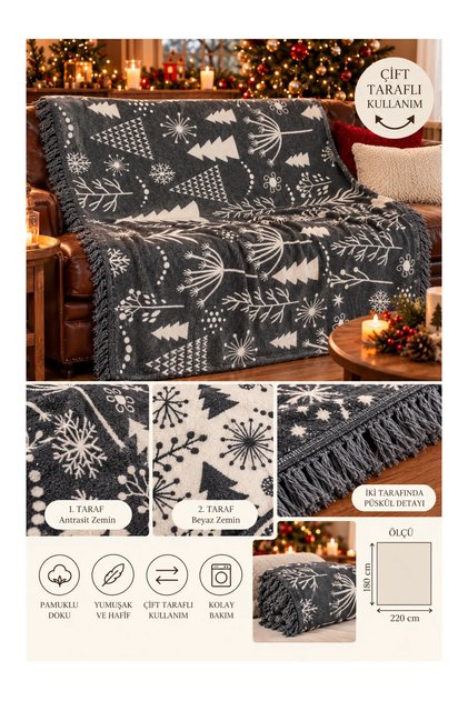 Tree and Branch Patterned Cotton Double-Sided Tassel Double Blanket 180X200 cm