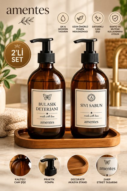 2-Pack Amber Glass Liquid Soap Dispenser with Wooden Stand Dishwashing Liquid Bottle Soap Dispenser