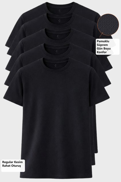 Men's Pack of 5 Black T-Shirts, 30/1 Single Jersey Cotton, Soft Texture, Crew Neck