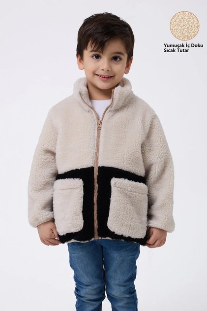 Boy's Plush Ecru Black Zippered Welsoft Winter Coat