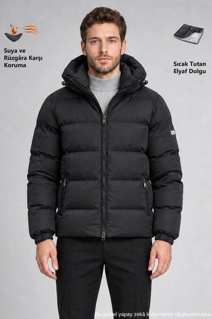 Men's Black Hooded Zippered Pocket Water and Wind Resistant Inflatable Coat