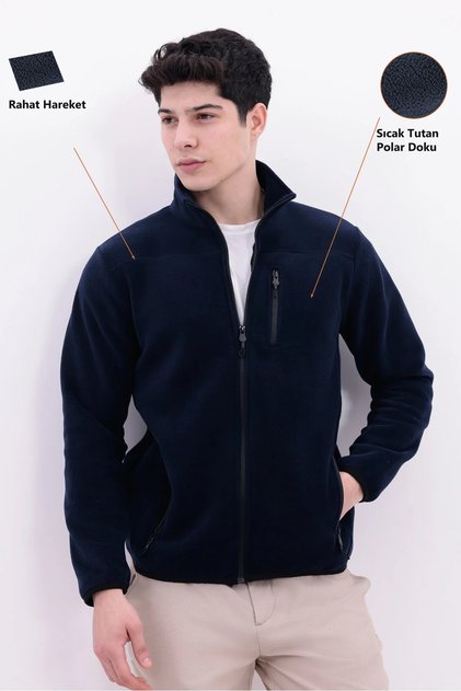 Men's Navy Blue Mock Neck Chest Pockets Zippered Warm Fleece Jacket