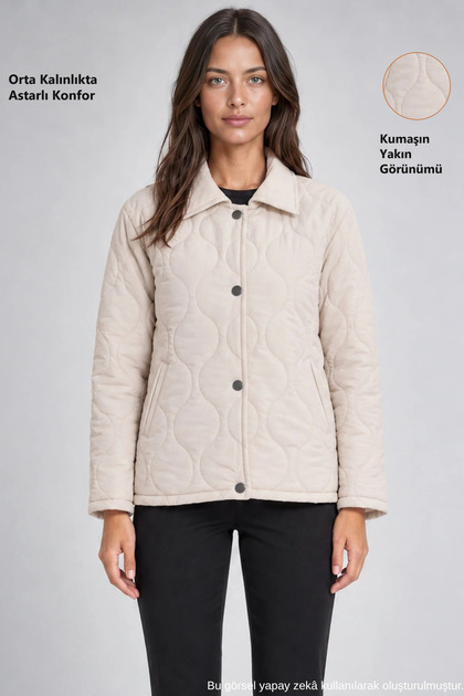 Women's Stone Patterned Snap Fastener Double Pocketed Oversized Quilted Jacket