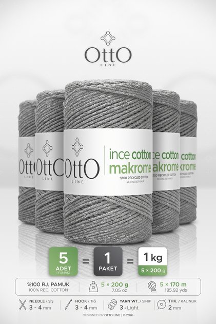 Thin Cotton Macrame • Light Gray • 5-Pack × 200 Gr / 170 m • 2 mm • Cotton Cord • Macrame, Bags, Accessories