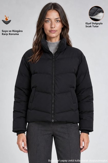 Women's Black, Padded Puffer Coat - High Collar, Water-Resistant