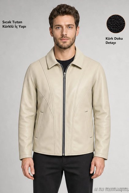 Men's Cream Zippered Regular Fit Faux Leather Jacket with Fur Inside