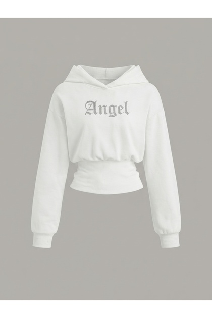 Women's Oversize Crystal Stone Printed Short Hooded Crop Sweatshirt