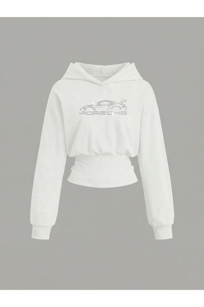 Women's Oversize Crystal Stone Printed Short Hooded Crop Sweatshirt