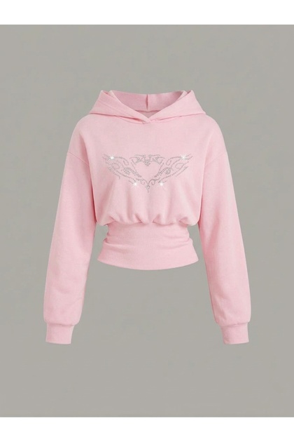Women's Oversize Crystal Stone Printed Short Hooded Crop Sweatshirt